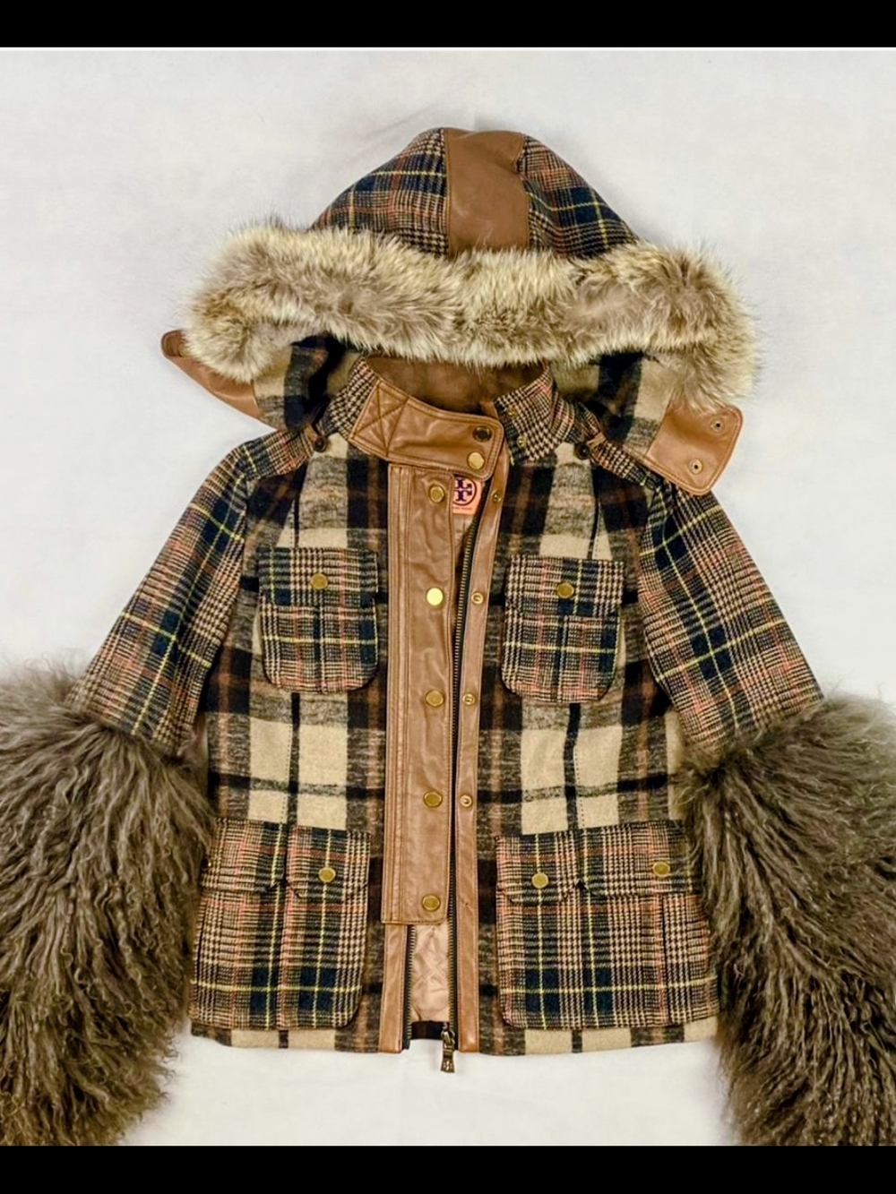 Tory Burch Plaid Coat with Faux Fur Trim in Brown